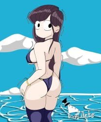 1girls ass beach big_breasts bikini black_eyes breasts female female_only komi-san_wa_komyushou_desu komi_shouko long_hair looking_back no_mouth o-ring o-ring_bikini ocean purple_hair sideboob solo solo_female theplagueart thick_thighs tremble_lines