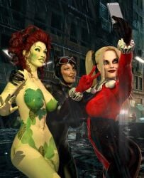 3d 3d_(artwork) 3girls batman:_arkham_knight batman_(series) big_breasts blonde_hair blue_eyes bodysuit busty catwoman catwoman_(arkham) catwoman_(arkham_knight) curvaceous curvy curvy_figure dc dc_comics eyebrows eyelashes eyes female female_only gotham_city_sirens green-skinned_female green_body green_eyes green_skin hair harley_quinn harley_quinn_(classic) hips hourglass_figure leaf_clothing light-skinned_female light_skin lips makeup multiple_girls pamela_isley peace_sign phone poison_ivy pokies rain red_hair selfie selina_kyle slim_waist supervillain supervillainess thighs twintails villain villainess waist zulubean