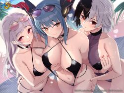 3girls absurdres azur_lane black_hair blush brünhilde_(azur_lane) breasts cleavage closed_mouth collarbone commentary_request company_connection company_name eyewear_on_head fingernails halterneck highres hori_(hori_no_su) horns iron_blood_(azur_lane) large_breasts light-skinned_female light_skin lips logo long_hair looking_at_viewer multiple_girls nail_polish navel official_alternate_costume official_art pointy_ears ponytail purple_eyes purple_hair red_eyes regensburg_(azur_lane) regensburg_(dark_dragon,_brilliant_beach)_(azur_lane) short_hair simple_background smile sparkle stomach sunglasses sweat sweatdrop swimsuit thighs white_hair yellow_eyes yorck_(azur_lane)