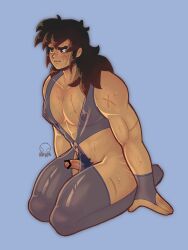 1boy black_eyes black_hair bluem censored_penis crossdressing dragon_ball lingerie male_focus male_only muscular muscular_male pubic_hair scar solo solo_male sweat thebluememedude yamcha