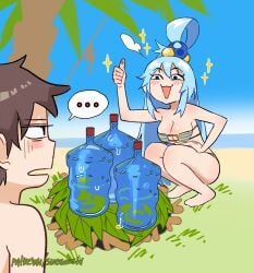 ... 1boy 1girls aqua_(konosuba) beach big_breasts bikini blue_eyes blue_hair breasts characterful cleavage humor kono_subarashii_sekai_ni_shukufuku_wo! palm_tree satou_kazuma snegovski swimsuit thirst_trap thumbs-up