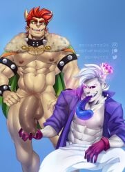 2boys bara big_balls big_penis blue_background bowser cape claws clothed clothed_male clothing crown digital_media_(artwork) ear_piercing earrings fangs flaccid flaccid_penis foreskin fur gay gijinka gloves glowing glowing_eyes hairy hairy_arms hairy_male hi_res horn horns huge_balls huge_cock humanized king_boo koopa light-skinned_male light_skin long_tongue looking_at_another looking_at_penis luigi's_mansion male male/male male_only mario_(series) multiple_boys muscular muscular_male nintendo nipple_piercing nipples open_mouth pale-skinned_male pale_skin penis pubes pubic_hair purple_eyes red_eyes red_hair saliva simple_background soynutts standing teeth testicles thick_penis tongue tongue_out touching_penis uncircumcised white_hair