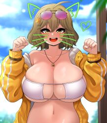 1girls anis_(nikke) anis_(sparkling_summer)_(nikke) bikini breasts brown_eyes brown_hair cleavage eyepatch_bikini female goddess_of_victory:_nikke huge_breasts light-skinned_female light_skin short_hair smile the_only_shoe white_bikini