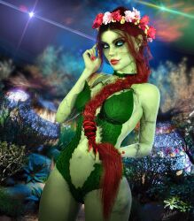 1girls 3d batman_(series) big_breasts braid braided_hair dc dc_comics female femme_fatale flower_garland flower_wreath green-skinned_female green_body green_skin hair human large_ass large_breasts legs light-skinned_female light_skin lips pamela_isley plant_girl poison_ivy red_hair single_braid supervillain supervillainess upper_body villain villainess wreath zulubean