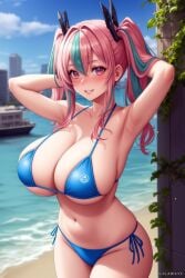 1girls ai_generated azur_lane bikini breasts bremerton_(azur_lane) cleavage female galawave huge_breasts light-skinned_female light_skin long_hair naughty_face nude nude_female outdoors pink_eyes pink_hair smile stable_diffusion twintails