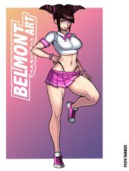 1girls belmont breasts female female_only fit_female full_body juri_han miniskirt school_uniform schoolgirl skirt solo standing_on_one_leg street_fighter strong tagme thick_thighs thighs thong wide_hips