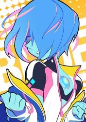 1girls blue_hair blue_lips blue_pearl_(steven_universe) blue_skin colorful cyberpunk:_edgerunners eyes_covered female_only lhata4564 pink_eyes pointy_nose puffy_lips small_breasts steven_universe upper_body