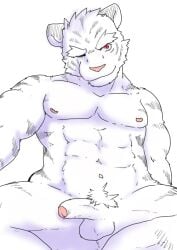 abs anthro balls biceps casual_nudity felid foreskin fur genitals humanoid_genitalia humanoid_hands humanoid_penis ilan1985 looking_at_viewer male mammal muscular muscular_anthro muscular_male navel nipples nude pantherine pecs penis red_eyes smile solo solo_focus solo_male stripes tiger white_body white_fur