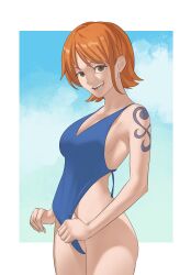 1girls absurdres alternate_costume arm_tattoo armpits bare_arms blue_one-piece_swimsuit breasts brown_eyes female female_only highres looking_at_viewer medium_breasts nami nami_(one_piece) one-piece_swimsuit one_piece open_mouth orange_hair outdoors pomelomelon pre-timeskip short_hair sideboob simple_background sky smile solo swimsuit tattoo thighs