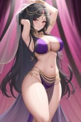 ai_generated belly_dancer belly_dancer_outfit black_hair final_fantasy final_fantasy_vii harem_girl harem_outfit huge_breasts jewelry loincloth red_eyes tifa_lockhart transformationwitch veil voluptuous