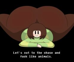 1girls 2023 ass ass_focus chara female gigantic_ass huge_ass looking_at_viewer seductive seductive_look simple_face smile smiling_at_viewer supersecretsoup_(artist) talking_to_viewer undertale undertale_(series)