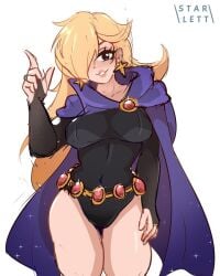 1girls big_breasts c_starlett clothing dc dc_comics earrings female female_only glitter mario_(series) nintendo princess_rosalina raven_(cosplay) raven_(dc) solo teen_titans