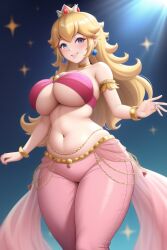 1girls ai_generated belly_dancer belly_dancer_outfit blonde_hair blue_eyes breasts clothing enslaved_royal female female_only harem_girl harem_outfit harem_pants long_hair mario_(series) princess_peach revealing_clothes royalty slave slave_collar slave_outfit slavegirl solo standing transformationwitch underboob