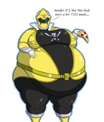 black_pants black_visor fat_thighs fatbelly gia_moran gokai_yellow kaizoku_sentai_gokaiger luka_millfy massive_belly mizz-britt obese obese_female pizza pizza_slice power_rangers power_rangers_megaforce power_rangers_super_megaforce super_sentai yellow_boots yellow_helmet yellow_ranger