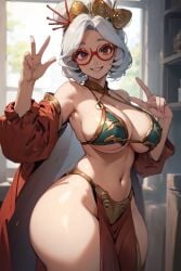 ai_generated belly_dancer belly_dancer_outfit cleavage glasses hair_ornament harem_girl harem_outfit huge_breasts nintendo purah purah_(tears_of_the_kingdom) red_eyes slave slave_bikini slave_leia_(cosplay) slave_outfit slavegirl tears_of_the_kingdom the_legend_of_zelda thick_thighs transformationwitch voluptuous white_hair