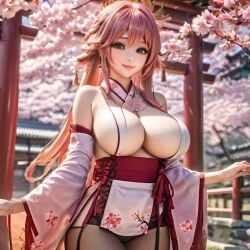 1girls ai_generated beautiful_background big_ass big_breasts big_butt cherry cherry_blossoms detailed detailed_background female female_only genshin_impact hi_res high_resolution highres huge_ass huge_breasts huge_butt pink_hair purple_eyes sex smile smiling smiling_at_viewer stable_diffusion temple thick_thighs yae_miko