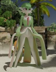 1girls 3d 3d_(artwork) beach blender breasts chest_spike cleft_of_venus dress dress_lift embarrassed female female_only gardevoir green_body green_hair hips innie_pussy legs_apart lifting_dress lorded mostly_clothed no_panties outdoors pokemon pokemon_(species) pussy red_eyes revealing_pussy sand tree two_tone_body vulva white_body