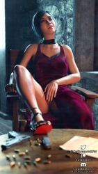 1girls 3d ada_wong alternate_version_available black_hair calibrator calves closed_eyes dress female female_only masturbation pinup resident_evil sitting_on_chair solo thighs