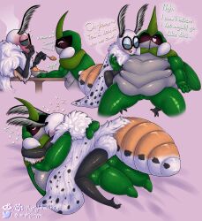 absurd_res antennae_(anatomy) anthro anus arthropod arthropod_abdomen arthropod_abdomen_anus beetle belly belly_rolls belly_squish big_belly blush blushing_profusely bug_fables cuddling dialogue duo eating embrace eyewear feedee feeder feederism feeding female female_on_top fluffy fluffy_antennae fluffy_body glasses glasses_off hi_res hug insects kabbu_(bug_fables) lepidopteran male male/female mightywheelchair minty_(mightywheelchair) moonsprout_games moth multiple_images neck_tuft on_top overweight overweight_male skinny_female sleeping sleeping_together speech_bubble spoon_feeding spots spotted_abdomen spotted_wings squish steaming thin_thighs tuft weight_gain