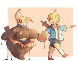 1boy 1girls 2023 anthro artist_signature ass big_ass big_breasts black_body breasts cleavage_overflow duo duo_focus female fully_clothed generation_7_pokemon holding_hands huge_breasts large_breasts male mimikyu original original_character overflowing_breasts pokémon_(species) pokemon pokemon_(species) pokemon_sm shortstack smile stevest58244496 sword thick_thighs voluptuous wavy_mouth white_border wide_hips