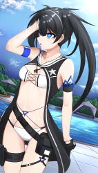 1girls bikini bikini_top black_hair black_rock_shooter black_rock_shooter_(character) black_rock_shooter_fragment blue_eyes clothed elishka_(black_rock_shooter_fragment) female female_only gloves light-skinned_female light_skin long_hair nanaryuoo navel small_breasts solo star_eye stephen swimming_pool swimsuit tagme twintails