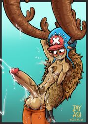 anthro antlers balls big_balls big_penis biting_lip blush boner cum deer erection fuckboy furry g-h- gay jay_ash_(artist) male male_only musk one_piece orgasm penis reindeer shirtless solo solo_male sweat sweating tony_tony_chopper tony_tony_chopper_(horn_point_form)