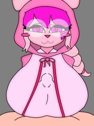 azami_higashikata bear beat_banger beat_banger_(friday_night_funkin) friday_night_funkin friday_night_funkin_(beat_banger) furry glasses huge_breasts leaking_cum paizuri pink_ears pink_eyes pink_hair pink_nose pink_skin simple_background toriel_beat_banger traced