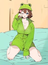 1girls ai_generated bed bedroom blue_eyes brown_hair cape cleavage coat female female_focus female_only frog frog_girl frog_hat full_body girly green_clothing huge_breasts human human_only light_skin no_bra no_pants owozu raincoat redraw sirivt thighs tired virtual_youtuber vtuber vtuberfanart vtubers