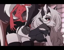 2d all_fours animated anthro ass breasts butt_grab canid canid_demon clothed clothing demon duo ear_piercing ears_up female genitals gif hair hand_on_butt hellhound helluva_boss hot_dogging humanoid imp kyde legwear long_hair loona_(helluva_boss) male male/female mammal moxxie_(helluva_boss) penis piercing red_sclera sex standing standing_sex tail unimpressed white_hair yellow_sclera