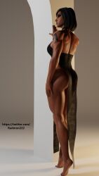 1girls 3d ass athletic_female blender brown_eyes brown_skin dark-skinned_female dark_skin dress female_only functionally_nude hi_res muscular_ass muscular_female muscular_legs overwatch overwatch_2 pharah radmon222 self_upload simple_background solo solo_female tan_body tan_skin