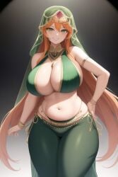 1girls ai_generated belly_dancer belly_dancer_outfit disney green_eyes harem_girl harem_outfit harem_pants huge_breasts kim_possible kimberly_ann_possible long_hair orange_hair transformationwitch voluptuous