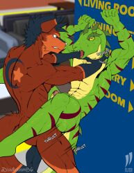 abs against_surface against_wall aggressive anal anthro asphyxiation bloodshot_eyes canid canine choking duo fox hi_res ikea iudicium86 lizard male male/male mammal muscular public reptile rough_sex scalie sex spikes store tattoo