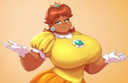 big_breasts blue_eyes breasts brown_eyes chubby chubby_female color_edit dark_skin dress editor_shiftyshades fat gloves half-closed_eyes large_breasts looking_at_viewer mario_(series) nintendo overweight princess_daisy simple_background smile solo third-party_edit tight_clothing yellow_dress