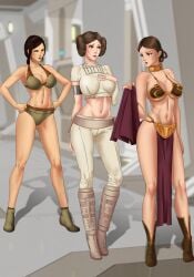 3girls amenoosa bastila_shan belly_dancer belly_dancer_outfit big_breasts bikini brown_eyes brown_hair child_bearing_hips cleavage clothing_swap collar daughter female female_only fully_clothed huge_breasts human human_only knights_of_the_old_republic leia_organa light-skinned_female light_skin loincloth metal_collar mother multiple_girls outfit_swap padme_amidala padme_amidala_(cosplay) panties princess_leia_organa revealing_clothes slave slave_bikini slave_collar slave_leia slave_leia_(cosplay) slave_outfit slavegirl standing star_wars torn_clothes torn_shirt underwear