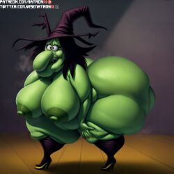 4k ai_generated ass bbw breasts breasts_out female female_focus female_only green-skinned_female green_skin highres large_ass large_breasts long_nose looney_tunes matronai_(artist) mature mature_female mature_woman obese obese_female old older_female patreon patreon_username pinup solo ssbbw stable_diffusion sweat sweating thick_ass thick_thighs twitter_username witch witch_hazel