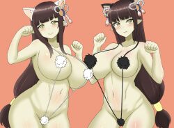 2girls animal_ears big_breasts bikini blush breasts brown_hair cat_ears catgirl doors_drop duo fur_bikini hair_ornament hinoa huge_breasts micro_bikini minoto monster_hunter monster_hunter_rise multiple_girls paw_pose pointy_ears sisters wyverian yellow_eyes