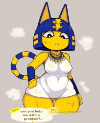 2023 animal_crossing ankha ankha_(animal_crossing) anthro artist_name black_eyes blue_body blue_ears blue_fur blue_hair bodily_fluids bottomless breasts clothed clothing dialogue digital_media_(artwork) domestic_cat dress dripping egyptian english_text felid feline felis female fingers front_view fur genital_fluids genitals hair hand_on_hip headdress hi_res in_heat jewelry josebonn looking_at_viewer mammal markings multicolored_body multicolored_fur multicolored_tail navel necklace nintendo nipple_outline pupils pussy pussy_juice pussy_juice_drip pussy_juice_string simple_background solo speech_bubble standing steam striped_markings striped_tail stripes sweat tail tail_markings text thick_thighs thigh_gap tight_clothing tight_dress topwear uraeus white_clothing white_dress white_pupils white_topwear wide_hips yellow_body yellow_fur yellow_inner_ear