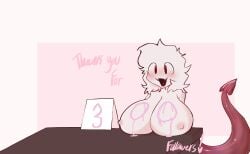 :3 :d artist at background blush body breast breasts collar colored demon dripping english eyes fangs female fur hair happy heart huge looking mouth name nipples nose nude open pink red rest roblox robloxian rule_63 signature simple skin smile solo straight-on table tail text upper valefar viewer white