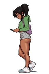 1girls andavaverse ass black_hair dark-skinned_female dark_skin ester_figueroa female female_only glasses hoodie jean_shorts latina long_hair looking_at_phone minishorts mrpotatoparty ponytail short_shorts shorts side_view solo thick_thighs underass white_background