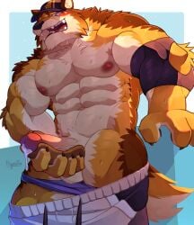 abs anthro balls barrel_(live_a_hero) blush bodily_fluids bottomwear canid canine canis clothed clothing erection genital_fluids genitals hi_res hot_dog_bun hyenaboi_(artist) lifewonders live_a_hero male male_only mammal muscular muscular_anthro muscular_male nipples partially_clothed pecs penis precum shorts shorts_down solo sweat underwear underwear_down wolf