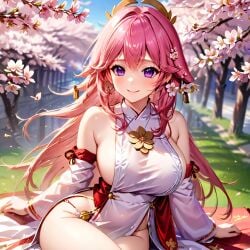 ai_generated beautiful_background big_ass big_breasts big_butt cherry cherry_blossoms detailed detailed_background genshin_impact hi_res high_resolution highres huge_ass huge_breasts huge_butt pink_hair purple_eyes sex smile smiling smiling_at_viewer stable_diffusion temple thick_thighs yae_miko