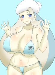 big_breasts bikini blue_background blue_bikini blue_eyes blush breasts breasts_bigger_than_head doors_drop eyebrows_visible_through_hair game_freak hands_up hat huge_breasts melony_(pokemon) milf nintendo pokemon pokemon_ss shiny_skin solo white_hair