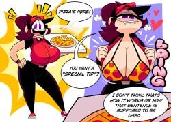 1girls 2023 ass biting_lip bra breasts brown_hair cleavage english_text female female_focus female_only hand_on_hip hat heart large_ass large_breasts mojo_montebon offscreen_character opening_shirt original original_character pepperoni pepperoni_pizza pizza pizza_box pizza_girl purple_eyes steam text text_bubble thick_thighs thighs trixie_(mojo_montebon) watch wristwatch