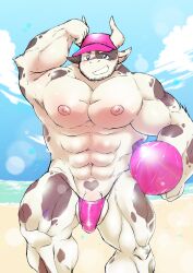 abs anthro ball beach beach_ball biceps blue_eyes bovid bovine bulge bulge_frottage cattle clothing facial_hair fur hat headgear headwear hi_res inflatable male male/male male_focus mammal muscular muscular_anthro muscular_arms muscular_legs muscular_male nipples pecs pink_clothing pink_underwear rusk07 seaside solo underwear white_body white_fur