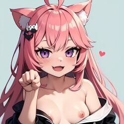 :3 :d absurd_res ahoge ai_generated animal_ear_fluff animal_ears bare_shoulders blush cat_ears cat_girl cat_hair_ornament cat_pose collarbone ear_fluff fangs heart indie_virtual_youtuber jacket jacket_open long_hair looking_at_viewer medium_breasts nipples nyatasha_nyanners off_shoulder open_clothes open_jacket open_mouth paw_pose pink_hair purple_eyes self_upload skin_fang smile smiling_at_viewer solo solo_female solo_focus upper_body virtual_youtuber vtuber