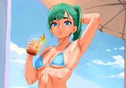 1girls armpits beach bikini blue_eyes breasts bulma_briefs clouds dragon_ball dragon_ball_(classic) drinking looking_at_viewer sfw side_ponytail simpbot2k stretching umbrella