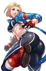 1girls abs armored_gloves ass black_pants black_sports_bra blonde_hair blue_eyes blue_jacket boots breasts cammy_white capcom capri_pants combat_boots commentary cropped_jacket english_commentary facial_scar female fingerless_gloves gloves hakuramen highres imminent_kick jacket leather leather_jacket lips medium_breasts midriff mole mole_on_stomach pants red_footwear scar scar_on_cheek scar_on_face short_hair single_vambrace solo sports_bra street_fighter street_fighter_6 tight_clothes tight_pants toned vambraces watermark