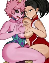 2girls alternate_breast_size antennae ass big_breasts black_hair black_sclera breast_grab breasts covering_breasts curly_hair female heart hero_outfit_(mha) huge_breasts looking_at_viewer melonpuff mina_ashido momo_yaoyorozu my_hero_academia pink_body pink_hair pink_skin thick_thighs thighs yellow_eyes