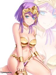 1girls alternate_costume armlet bernadetta_von_varley bikini blue_eyes blush breasts choker cleavage collarbone cosplay earrings embarrassed english_commentary etchimune female female_only fire_emblem fire_emblem:_three_houses gold_bikini headpiece jewelry large_breasts looking_at_viewer metal_bikini navel nintendo post-timeskip purple_hair revealing_clothes shantae shantae_(cosplay) short_hair short_hair_with_long_locks simple_background sitting smile solo swimsuit tareme thigh_strap thighs twitter_username wariza white_background wide_hips