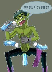 beast_boy beast_boy_(teen_titans) blowjob blowjob_face boner cyborg_(dc) dc dc_comics drool drooling drooling_tongue erection gay gay_sex green green_body green_eyes green_hair green_skin iyumiblue male male/male male_only spandex spandex_suit teen_titans tongue_out torn_clothes torn_clothing yaoi